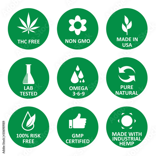 CBD oil green round icons set including THC free, non GMO, made in USA, lab tested, omega 3-6-9, pure natural, 100% risk free, GMP certified, made with industrial hemp. Flat vector illustration white