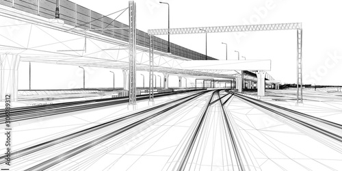 Obraz na plátně The BIM model of the railway Infrastructure of wireframe view