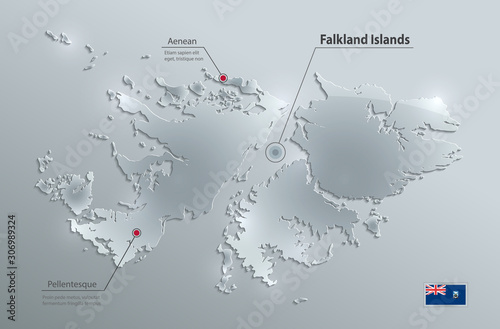 Falkland Islands map and flag, glass card paper 3D vector