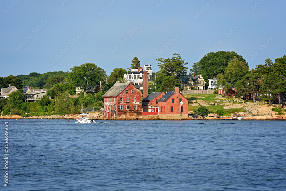 Tarr and Wonson Paint Manufactory is one of the most famous landmarks on the North Shore Massachusetts in Gloucester Harbor, Massachusetts MA, USA.