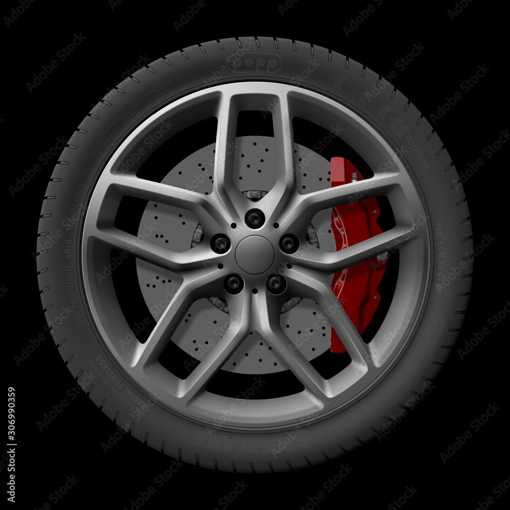 Alloy wheel illustration with tire, rim, brake and caliper