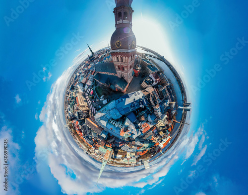 Riga City Dome church in Old Town, historical Monument, drone 360 vr Sphere photo