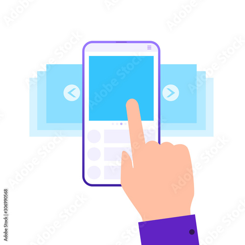 Vector illustration with carousel post. Landing page template with finger touching smartphone screen. Concept illustration of mobile interface