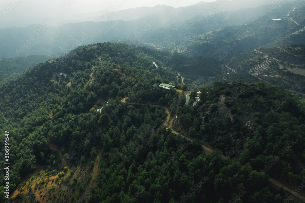 Troodos mountains in Cyprus, aerial view from drone. Beautiful nature mediterranean landscape.