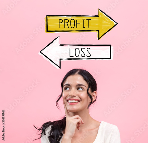 Profit or loss with young woman in thoughtful pose