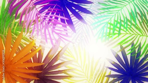 Abstract background with hand drawn watercolor tropical palm leaves. Seamless looping 4K footage. 