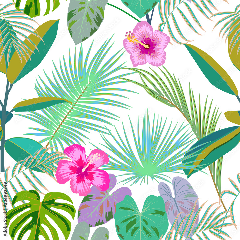 Tropical jungle palm leaves seamless pattern, vector background Tropical jungle palm leaves seamless pattern, vector background