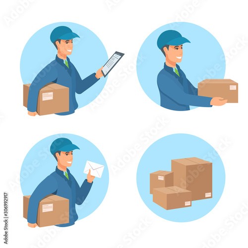 Delivery of parcels, purchases. A postal worker holds out a box, holding a document, a letter.