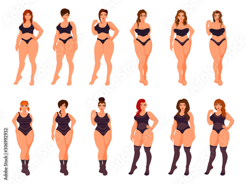 Plus size women models in underwear. Vector illustration.