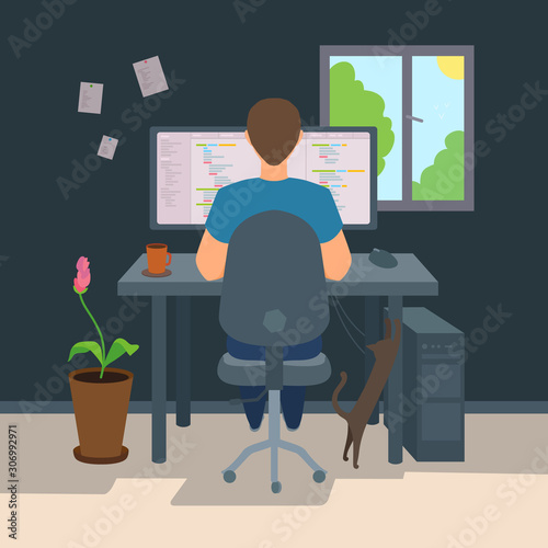 Freelancer programmer coding a program. Cozy home environment.