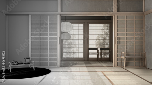 Architect interior designer concept: unfinished project that becomes real, eastern design, empty room with futon, tatami, traditional tearoom, tea set, chairs and pendant lamp