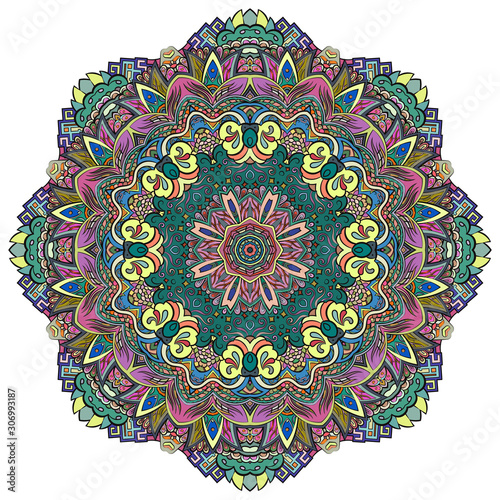 Mandala, tracery wheel mehndi design. Ethnic ornament, colorful doodle symmetry texture. Folk traditional spiritual tribal design.  Curved shape, isolated on white. Color art. Vector