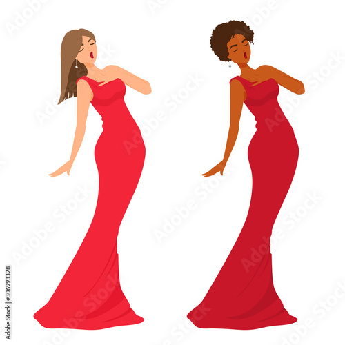 A beautiful woman singer stands with her eyes closed, raised a hand to the chest. Red color long evening attire. Female performer. 