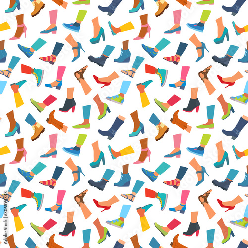 Seamless pattern. Icons of different shoes with feet.