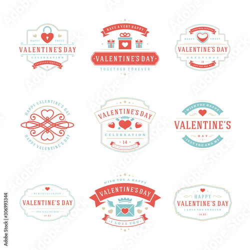 Happy valentines day greetings cards and badges typography design with decoration symbols vector design elements set