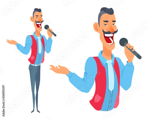 A man holds a mic, smiling. Presenter showing something. Event, ceremony, wedding host. Performer sings.