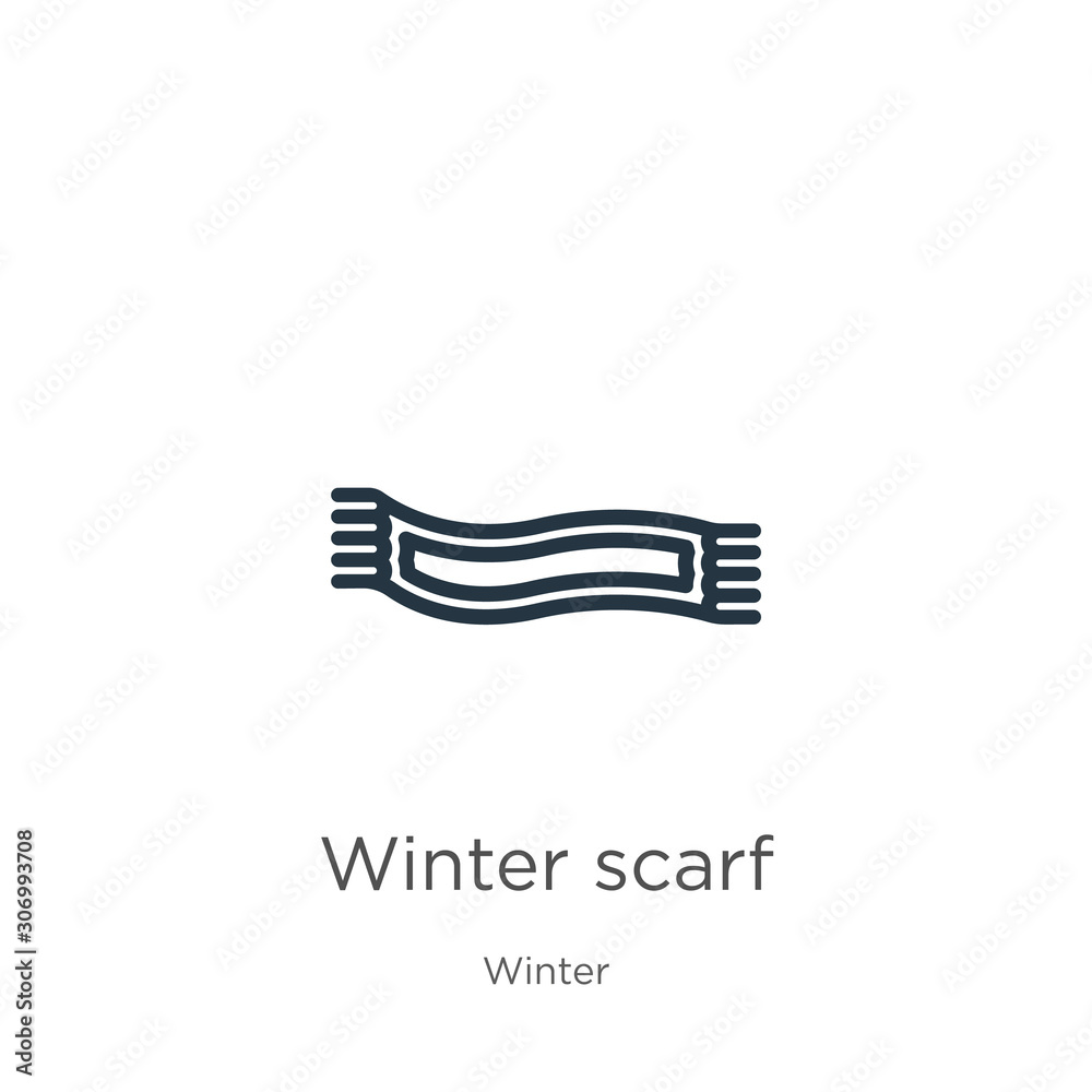 Winter scarf icon. Thin linear winter scarf outline icon isolated on white background from winter collection. Line vector winter scarf sign, symbol for web and mobile Winter scarf icon. Thin linear winter scarf outline icon isolated on white background from winter collection. Line vector winter scarf sign, symbol for web and mobile