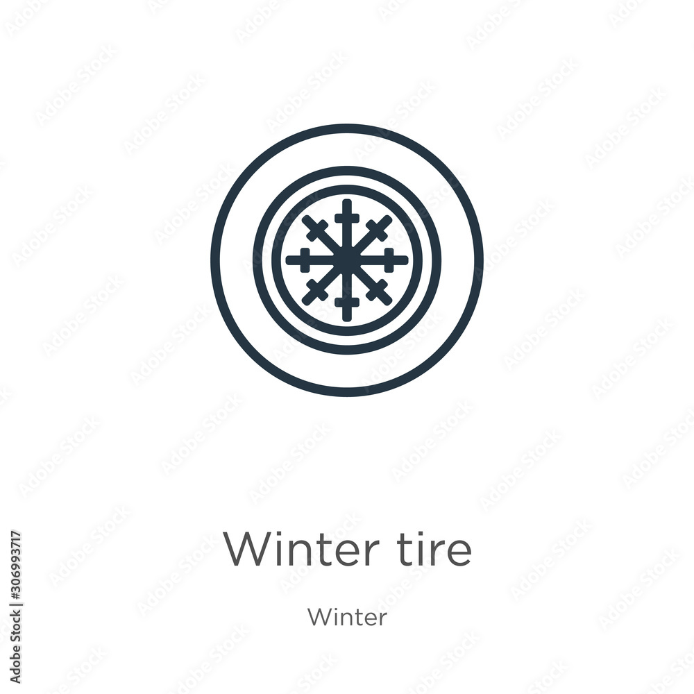 Winter tire icon. Thin linear winter tire outline icon isolated on white background from winter collection. Line vector winter tire sign, symbol for web and mobile