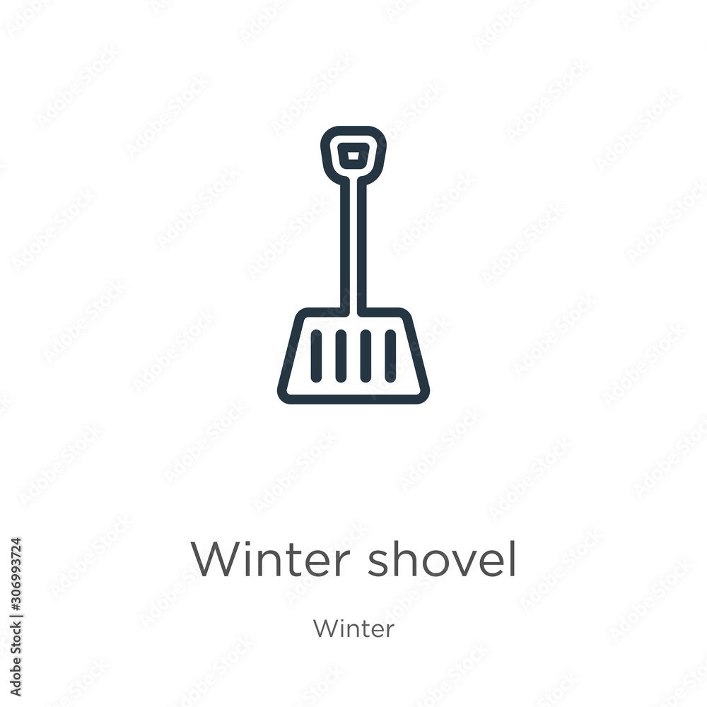 Winter shovel icon. Thin linear winter shovel outline icon isolated on white background from winter collection. Line vector winter shovel sign, symbol for web and mobile Winter shovel icon. Thin linear winter shovel outline icon isolated on white background from winter collection. Line vector winter shovel sign, symbol for web and mobile