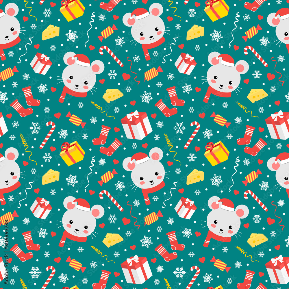 Fototapeta premium Cute christmas seamless pattern with little mouse, candy and snowflakes. Vector