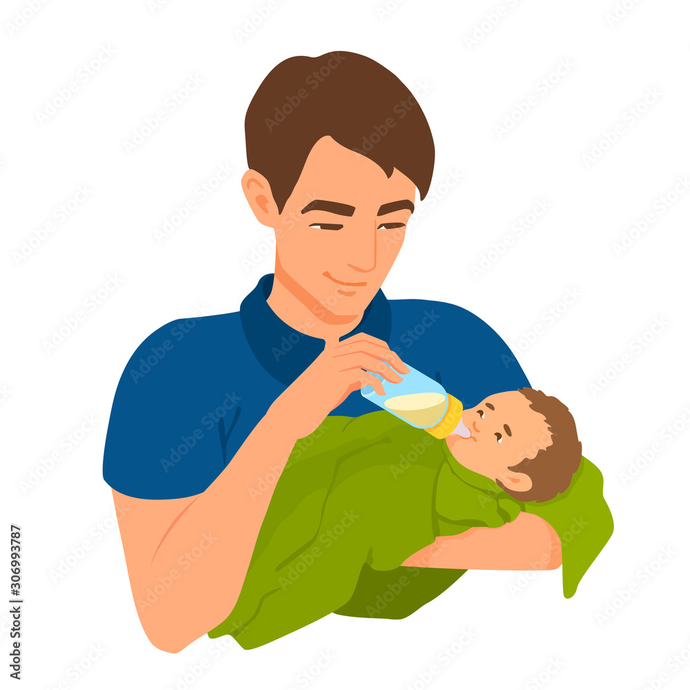 The young father feeds a baby from a bottle of milk.