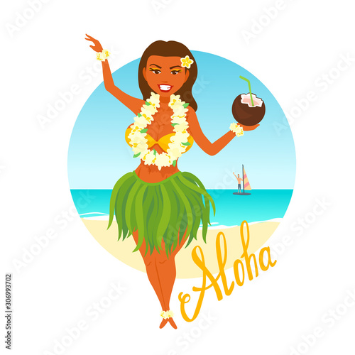 Beautiful Hawaiian girl with a flower garland around her neck standing at the beach. Seashore in the background.