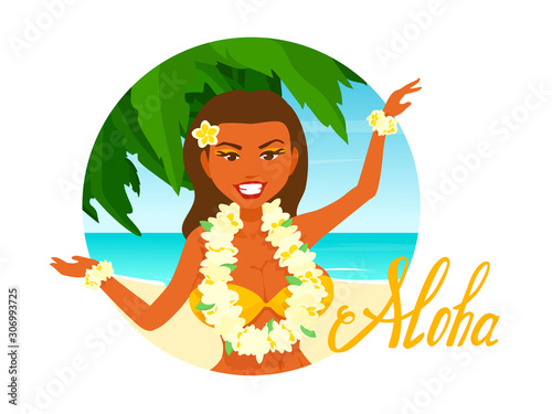 Beautiful Hawaiian girl with a flower garland around her neck. Seashore in the background.