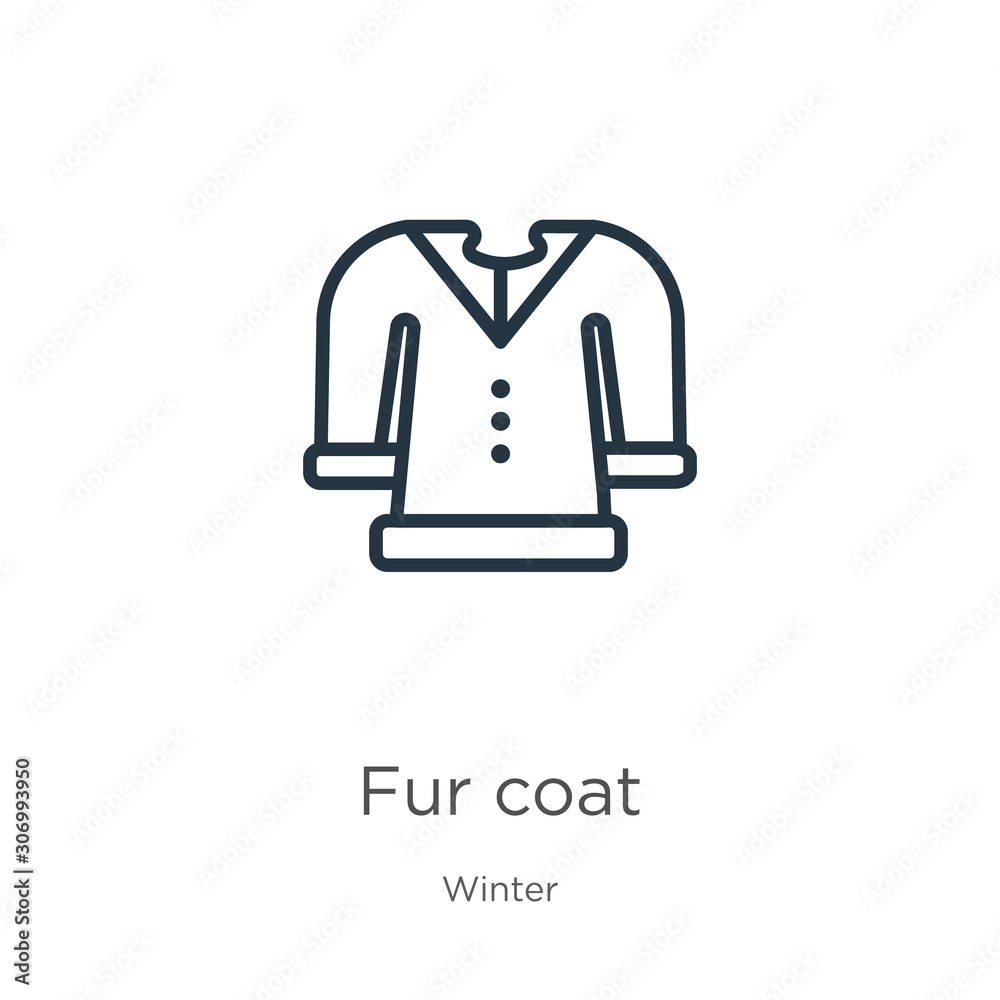 Fur coat icon. Thin linear fur coat outline icon isolated on white background from winter collection. Line vector fur coat sign, symbol for web and mobile Fur coat icon. Thin linear fur coat outline icon isolated on white background from winter collection. Line vector fur coat sign, symbol for web and mobile