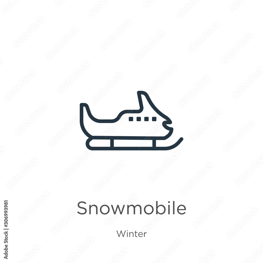 Snowmobile icon. Thin linear snowmobile outline icon isolated on white background from winter collection. Line vector snowmobile sign, symbol for web and mobile