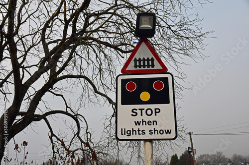 Fotografie Sign for railway level crossing taken in Corpach near Fort William, Scotland