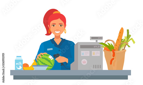 A girl cashier holds a handheld barcode scanner, scans groceries.