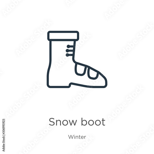 Snow boot icon. Thin linear snow boot outline icon isolated on white background from winter collection. Line vector snow boot sign, symbol for web and mobile