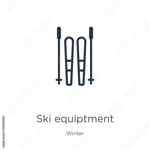 Ski equiptment icon. Thin linear ski equiptment outline icon isolated on white background from winter collection. Line vector ski equiptment sign, symbol for web and mobile