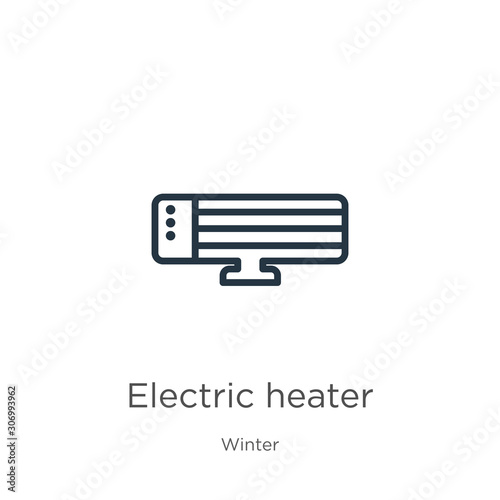 Electric heater icon. Thin linear electric heater outline icon isolated on white background from winter collection. Line vector electric heater sign, symbol for web and mobile