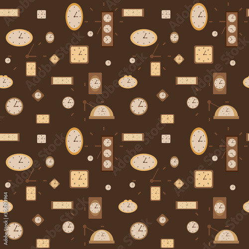 Seamless pattern. Different shapes of clocks hanging on the wall. 