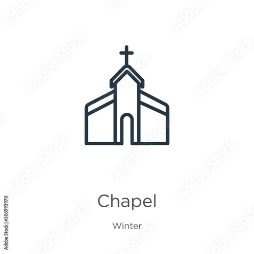 Chapel icon. Thin linear chapel outline icon isolated on white background from winter collection. Line vector chapel sign, symbol for web and mobile