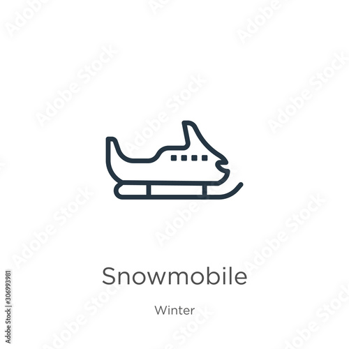 Snowmobile icon. Thin linear snowmobile outline icon isolated on white background from winter collection. Line vector snowmobile sign, symbol for web and mobile