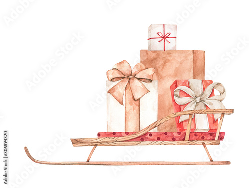 Christmas sleigh with gifts collection. Watercolor illustration. Happy new year. Winter presents. Perfect for cards, invitations, banners, posters photo