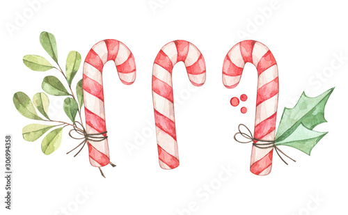 Christmas candy cane with eucalyptus, fir branch, greenery. Watercolor illustration. Happy new year. Winter design elements. Perfect for cards, invitations, banners, posters photo