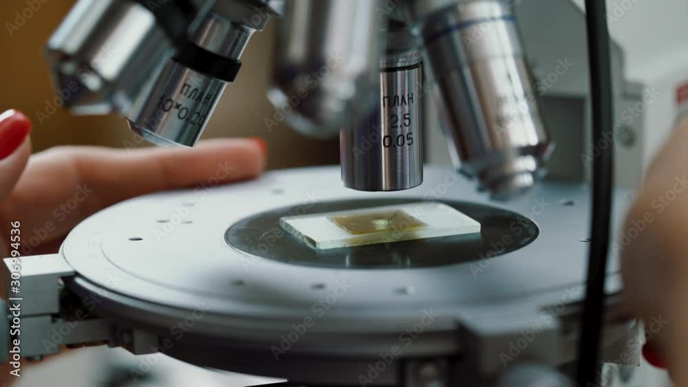 Geological rock sample on the slide glass under the light microscope
