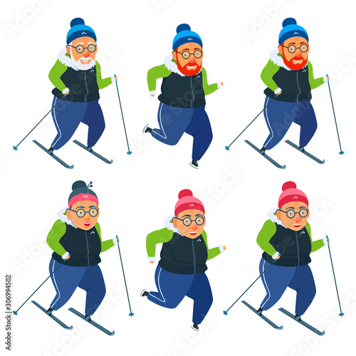 Active elderly people doing winter sports. Healthy lifestyle.