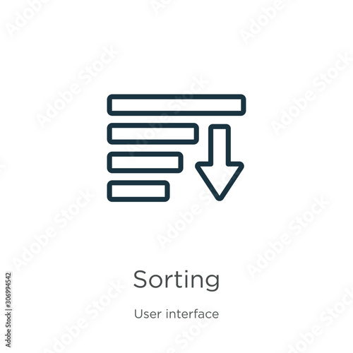 Sorting icon. Thin linear sorting outline icon isolated on white background from user interface collection. Line vector sorting sign, symbol for web and mobile