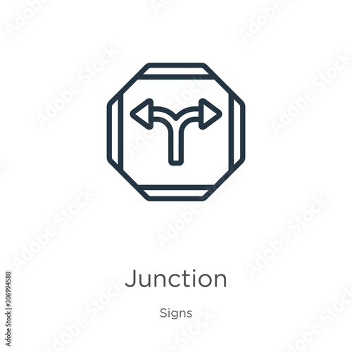 Junction icon. Thin linear junction outline icon isolated on white background from signs collection. Line vector junction sign, symbol for web and mobile