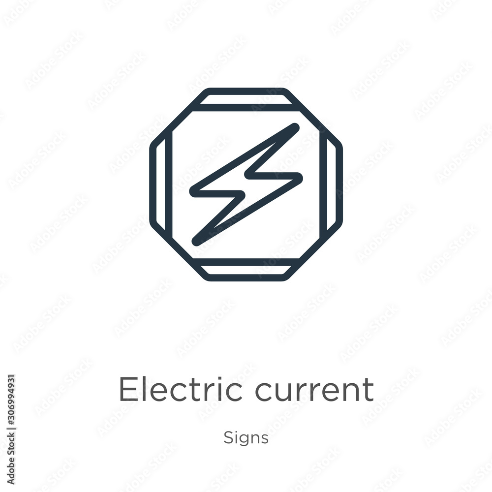 Electric current icon. Thin linear electric current outline icon isolated on white background from signs collection. Line vector electric current sign, symbol for web and mobile Electric current icon. Thin linear electric current outline icon isolated on white background from signs collection. Line vector electric current sign, symbol for web and mobile