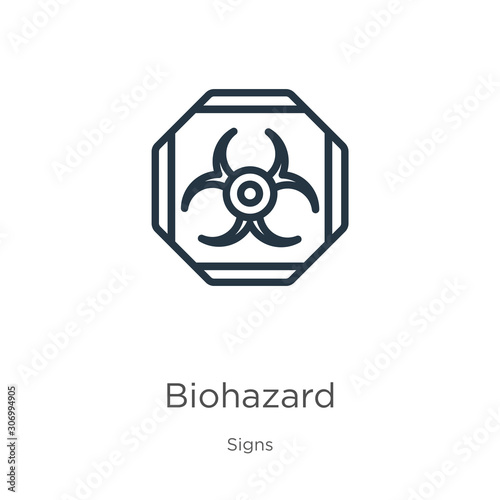 Biohazard symbol icon. Thin linear biohazard symbol outline icon isolated on white background from signs collection. Line vector biohazard symbol sign, symbol for web and mobile