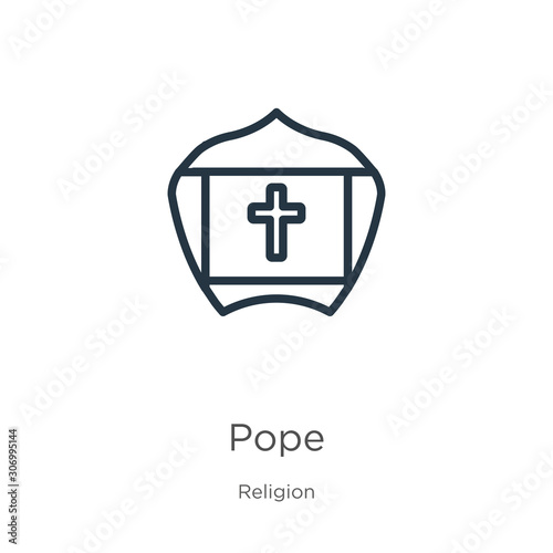 Pope icon. Thin linear pope outline icon isolated on white background from religion collection. Line vector pope sign, symbol for web and mobile