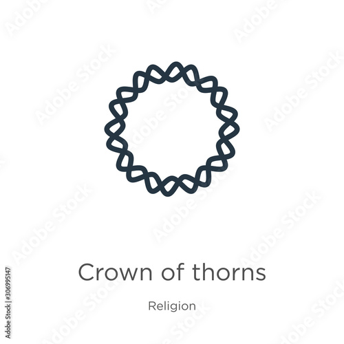Crown of thorns icon. Thin linear crown of thorns outline icon isolated on white background from religion collection. Line vector crown of thorns sign, symbol for web and mobile