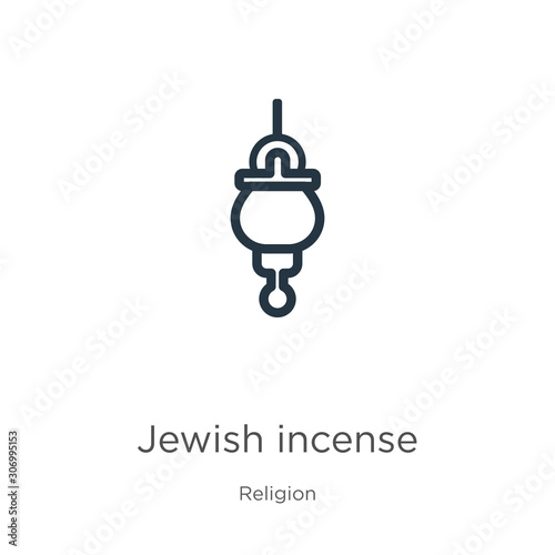 Jewish incense icon. Thin linear jewish incense outline icon isolated on white background from religion collection. Line vector jewish incense sign, symbol for web and mobile photo