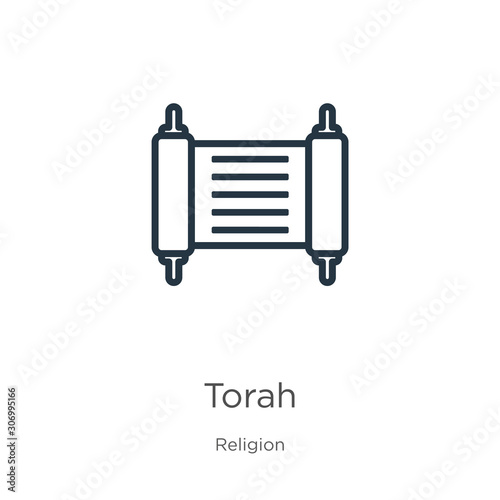 Torah icon. Thin linear torah outline icon isolated on white background from religion collection. Line vector torah sign, symbol for web and mobile