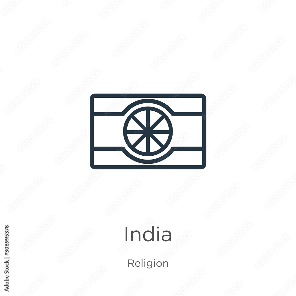 India icon. Thin linear india outline icon isolated on white background from religion collection. Line vector india sign, symbol for web and mobile India icon. Thin linear india outline icon isolated on white background from religion collection. Line vector india sign, symbol for web and mobile